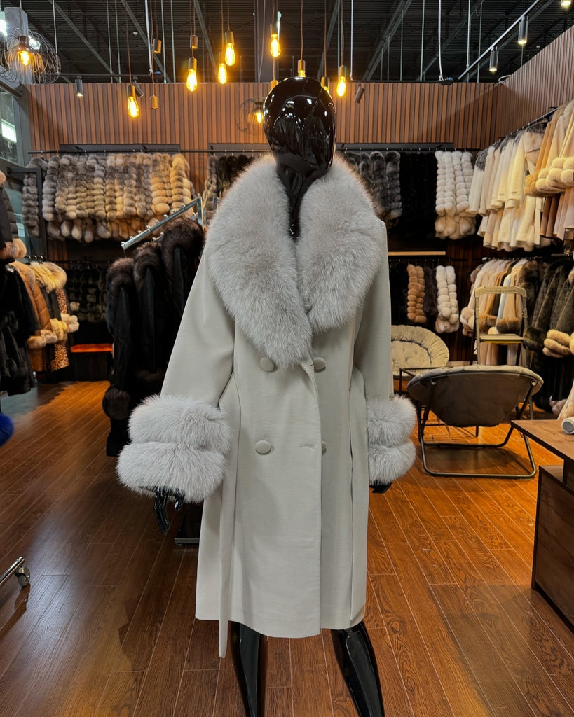 Beige Cashmere and Real Fox Fur Coat