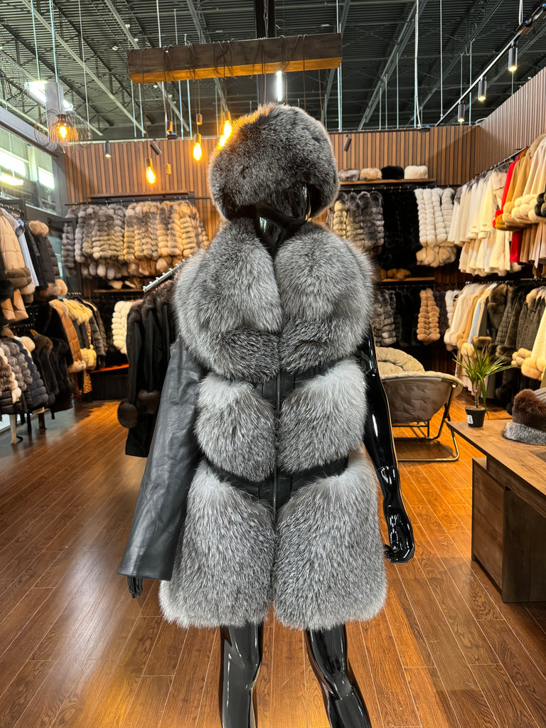 Silver Fox Fur And Real Leather Coat