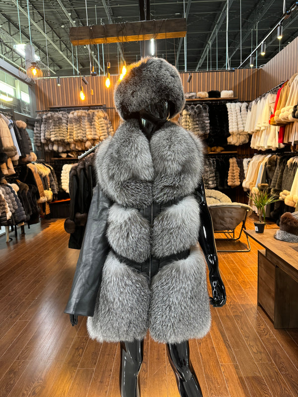 Silver Fox Fur And Real Leather Coat