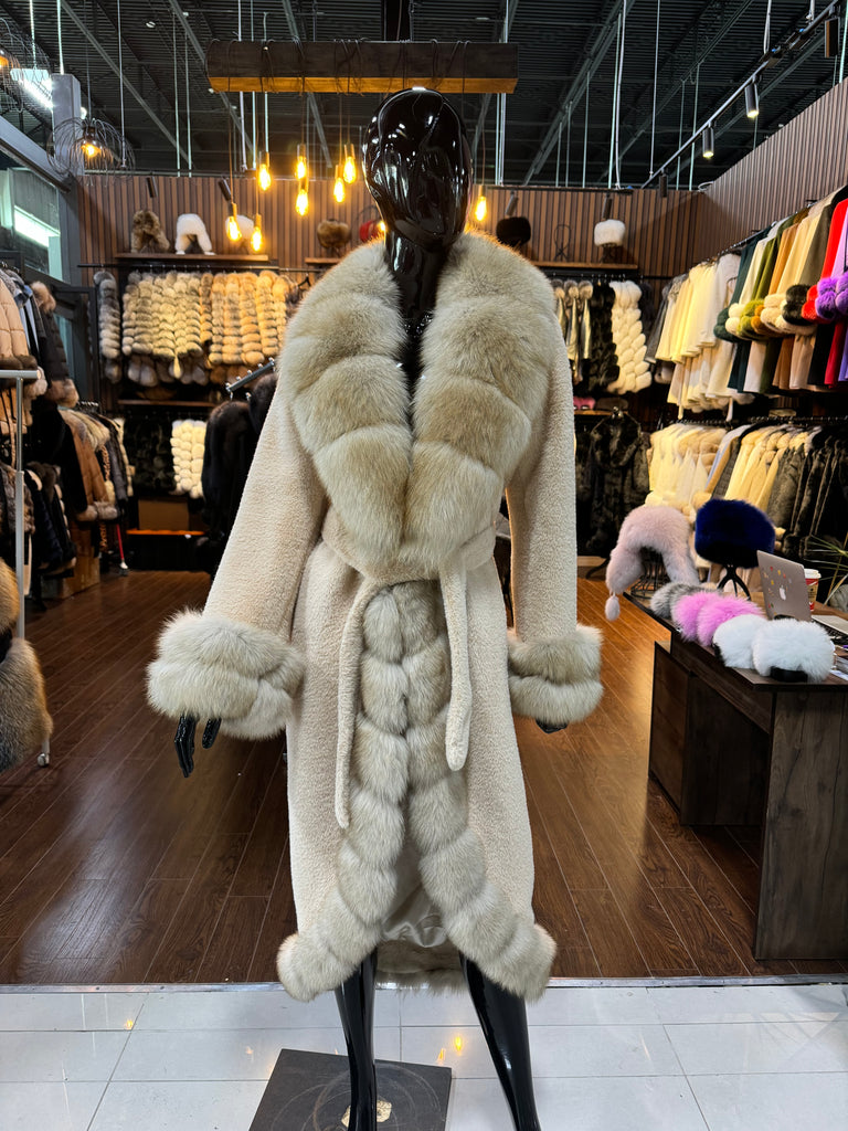 Beige Fox Fur and Alcantara Fabric Coat