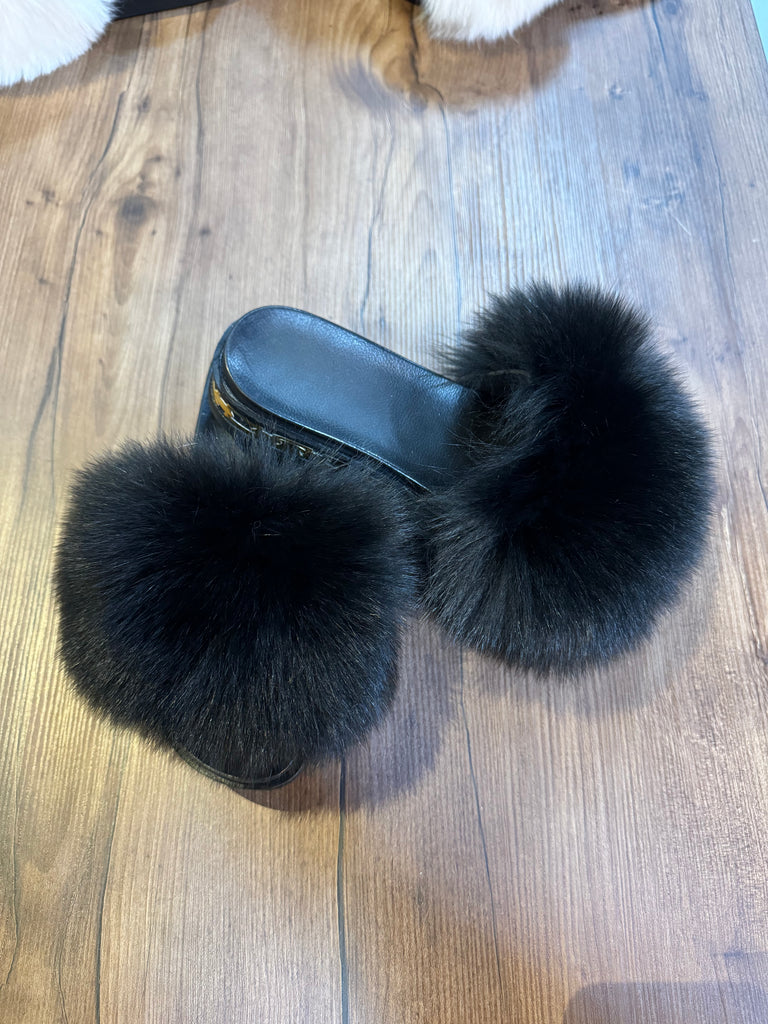 Black Fox Fur Slippers