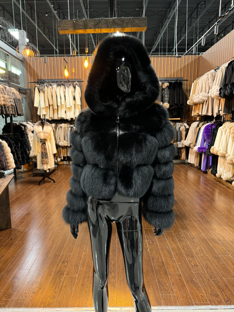 Luxurious Real Black Fox Fur Hooded Jacket