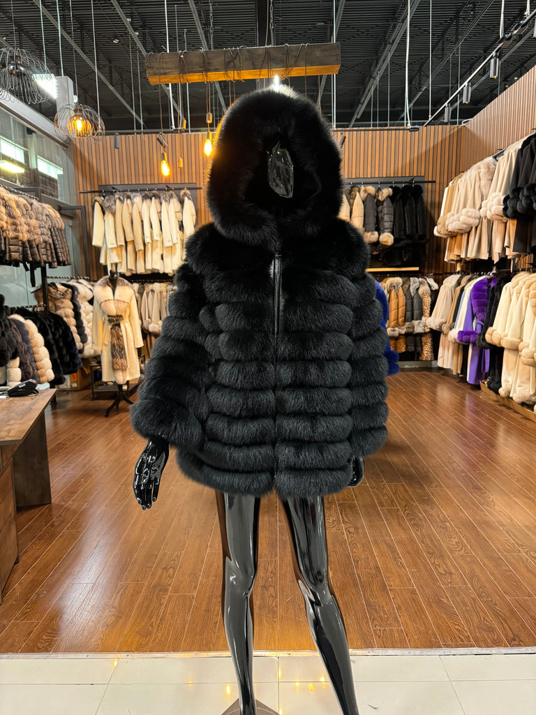 BLACK HOODED FOX FUR JACKET- SKU 1013