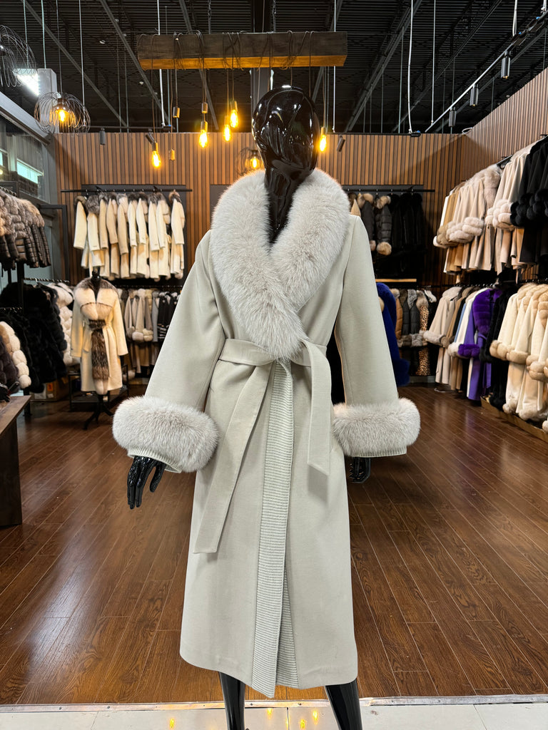 Beige Cashmere and Real Fox Fur Coat