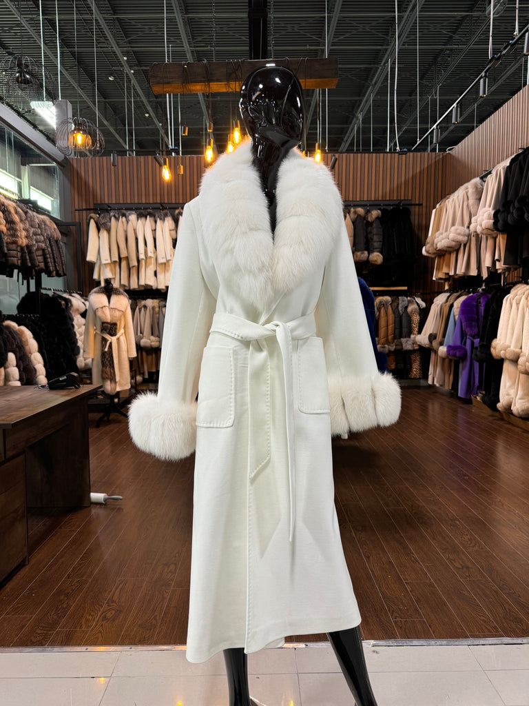 WHITE CASMERE AND FOX FUR COAT-SKU 1032