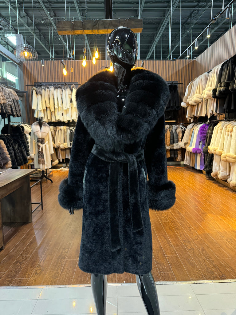 Black Alcantara Fabric and Fox Fur Coat