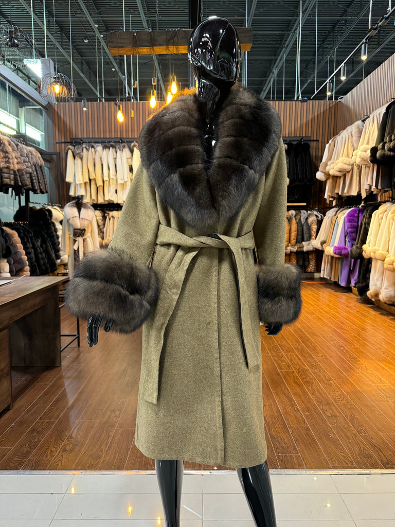 Brown Alpaca Fabric and Real Fox Fur Coat