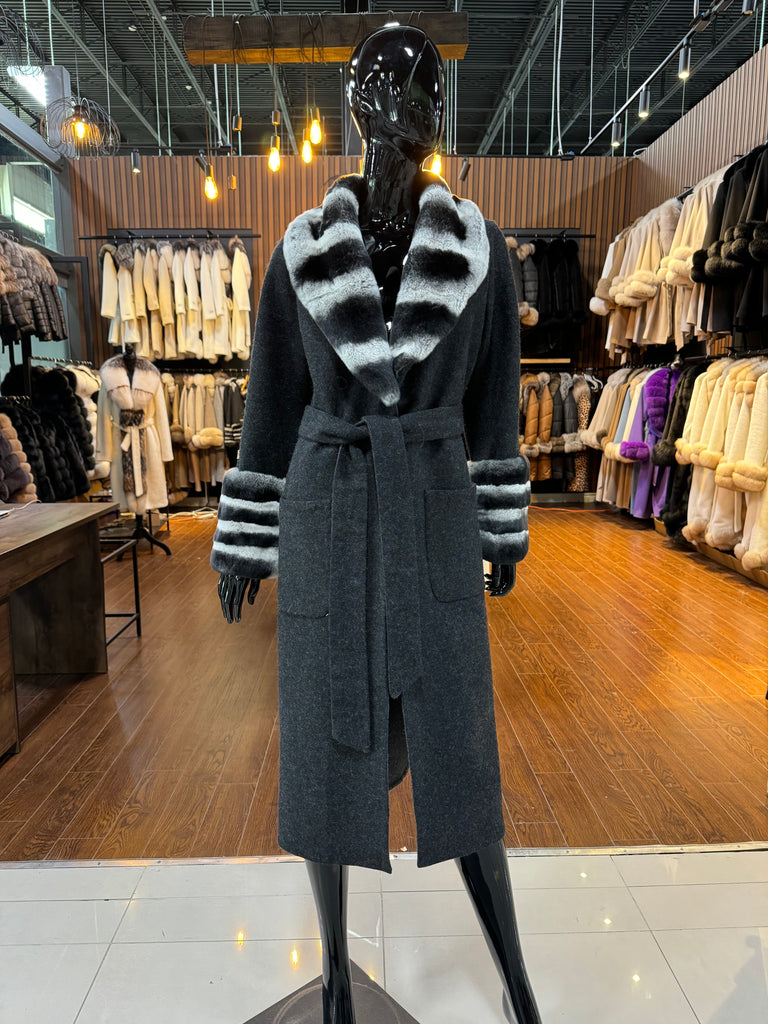 Black Real Alpaca Fabric and Real Rex Rabbit Fur Coat